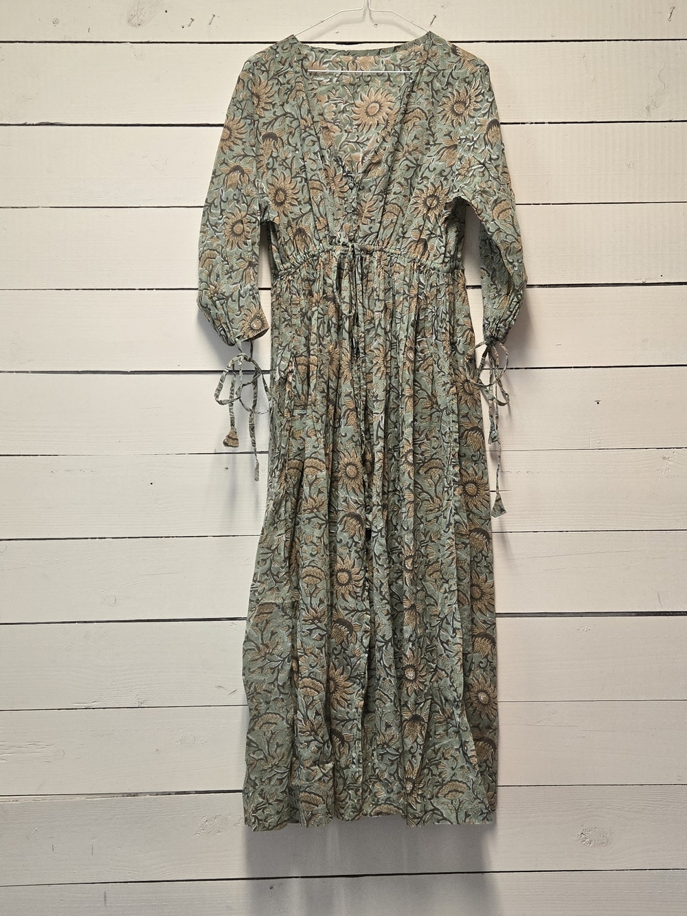 Cotton Boho Floral Tie-Waist Maxi Dress in Sage and Tan